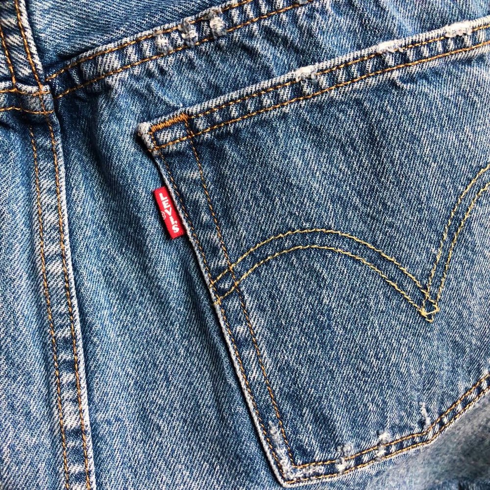 Levis Distressed High Rise Blue Jean Skirt with Raw Hem | 30 - Picture 9 of 11